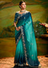 Peacock Blue Heavy Embroidered Designer Silk Saree With contrast Blouse