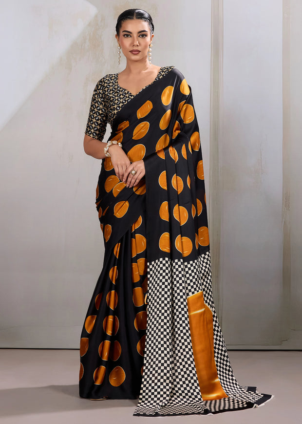Orange Printed Satin Silk Saree
