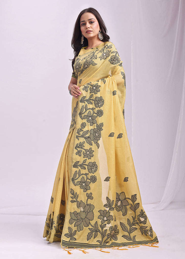 Vanilla Yellow Woven Cotton Linen Silk Saree