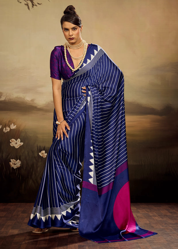 Navy Blue Printed Satin Silk Saree
