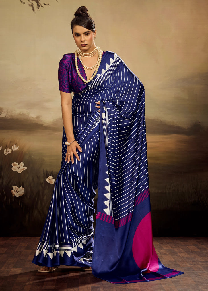 Navy Blue Printed Satin Silk Saree