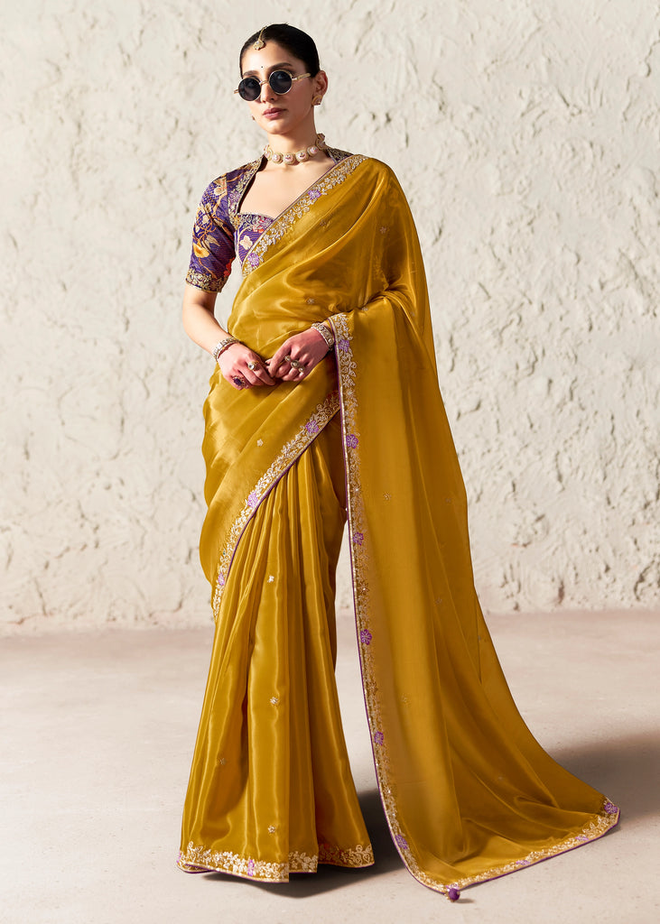 Rich Gold Designer Organza Tissue Silk Saree With Printed Blouse