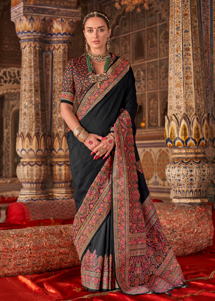 Phantom Black Printed Kashmiri Jamewar Saree