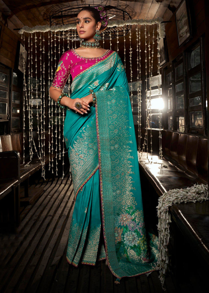 “Exclusive Offer” : Teal Blue Woven Embroidered Banarasi Silk Saree