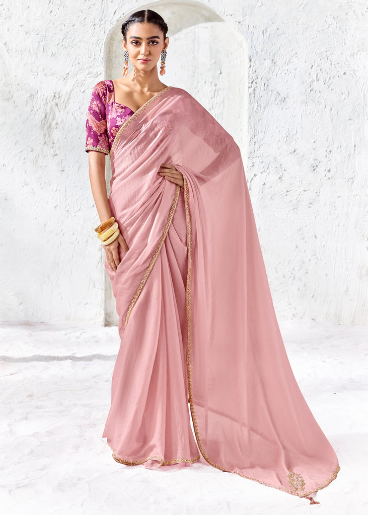 Dusty Pink Designer Organza Silk Saree With Printed Blouse