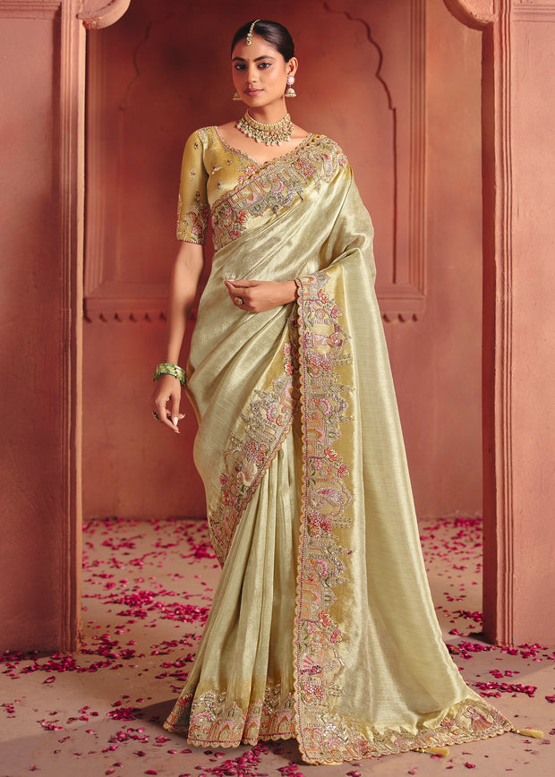 Mellow Green Designer Embroidered Saree