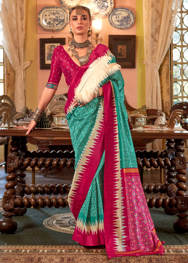 Turqoise Blue Printed Patola Silk Saree