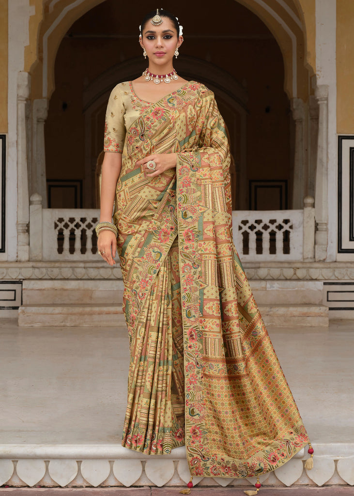 Golden Beige Designer Embroidered Silk Saree