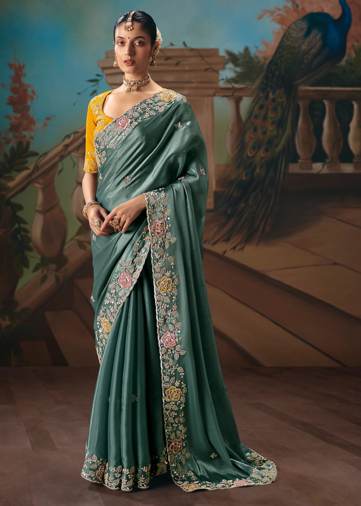 Pacific Blue Embroidered Designer Saree
