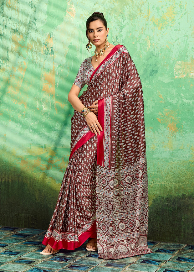 Chocolate Brown Printed Satin Silk Saree
