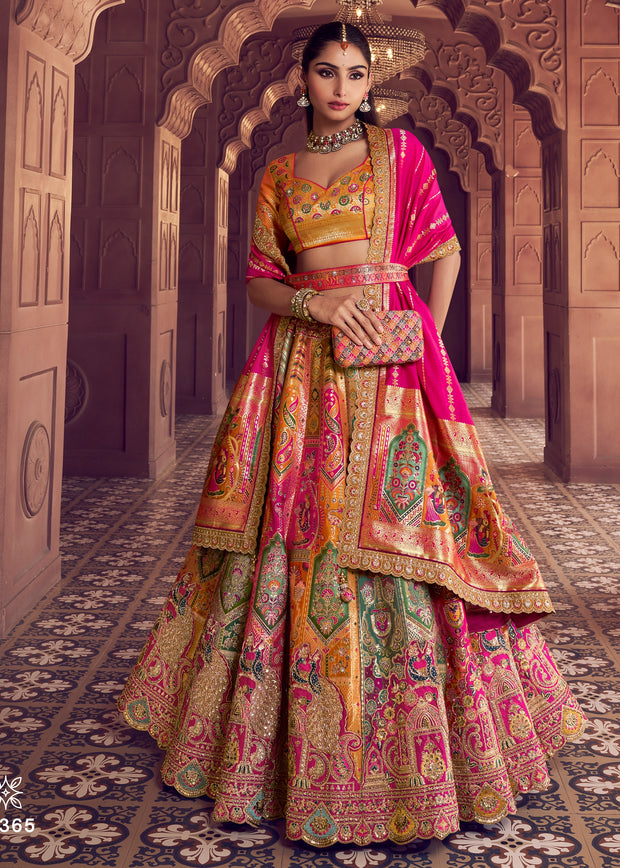 Pink Yellow Banarasi Silk Embroidered Lehenga
