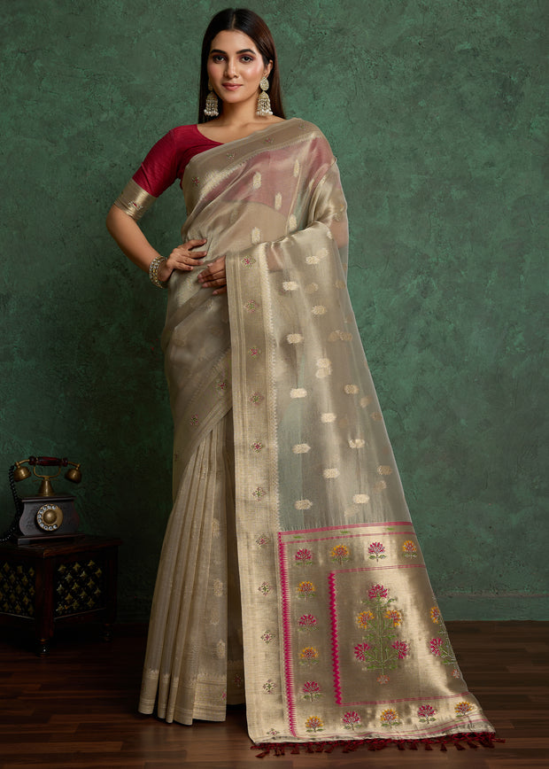 Silver Grey Woven Banarasi Tissue Saree With Meenakari Butas