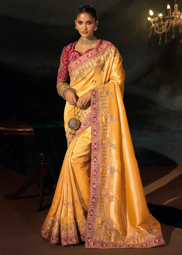 Mustard Yellow Embroidered Silk Saree