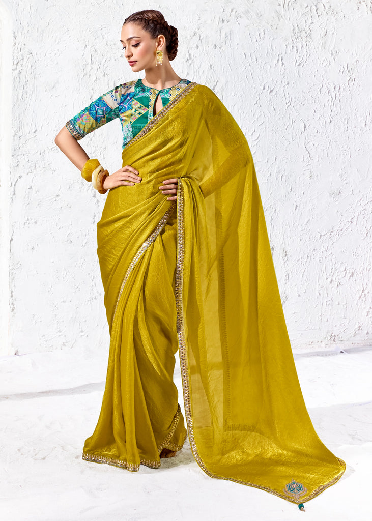 Mustard Yellow Designer Organza Silk Saree With Printed Blouse