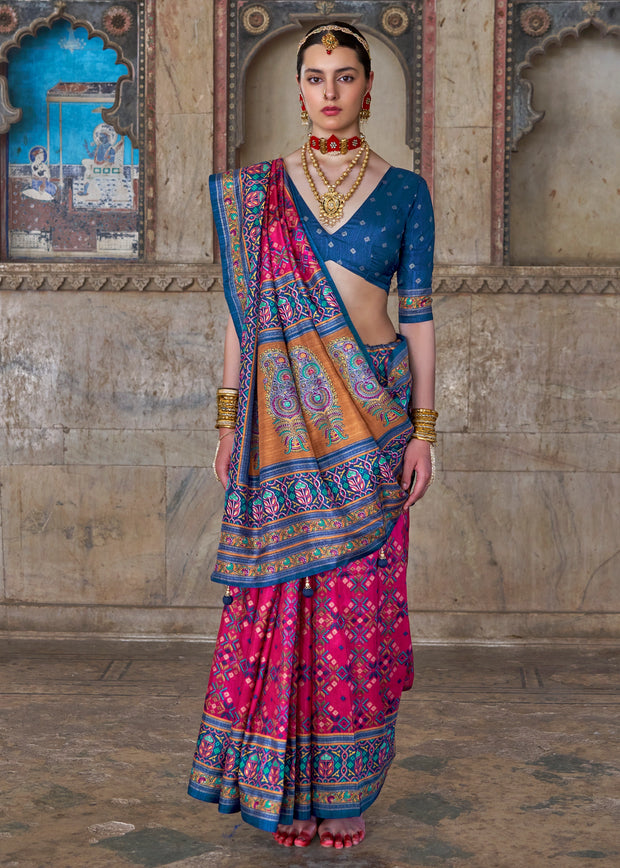 Princess pink Patola silk saree with printed double-ikat geometric heritage motifs