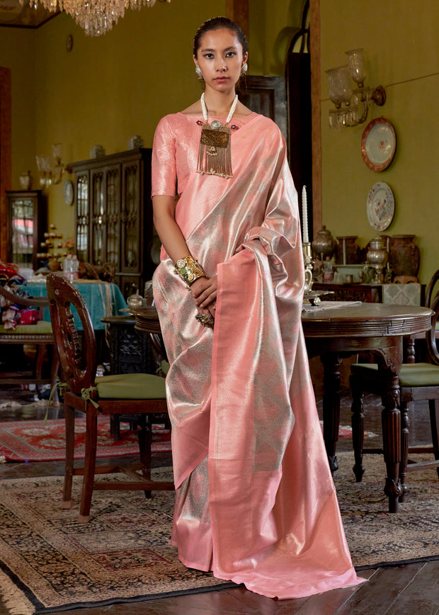 Rose pink dual tone Kanjivaram silk saree with classic Kanchipuram two-tone weave