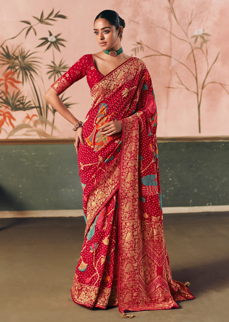 Bridal Red Woven Georgette Bandhej Saree