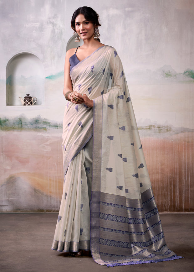 Off White Woven Banarasi Cotton Silk Saree