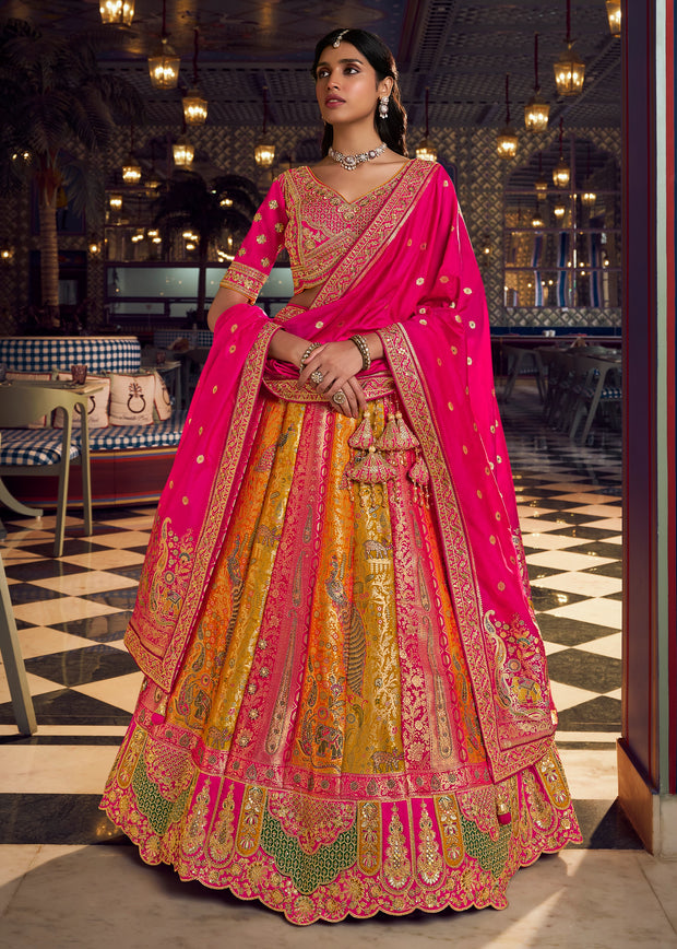 Pink And Golden Heavy Banarasi Designer Lehenga