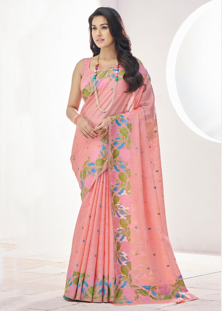 Rose Pink Woven Linen Silk Saree