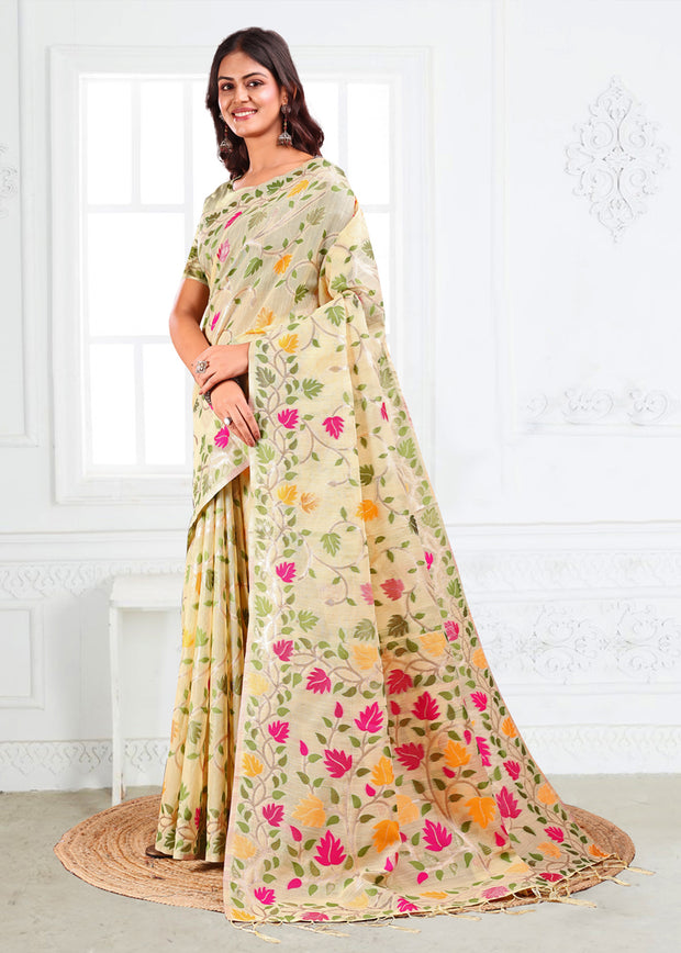 Off White Woven Linen Cotton Silk Saree