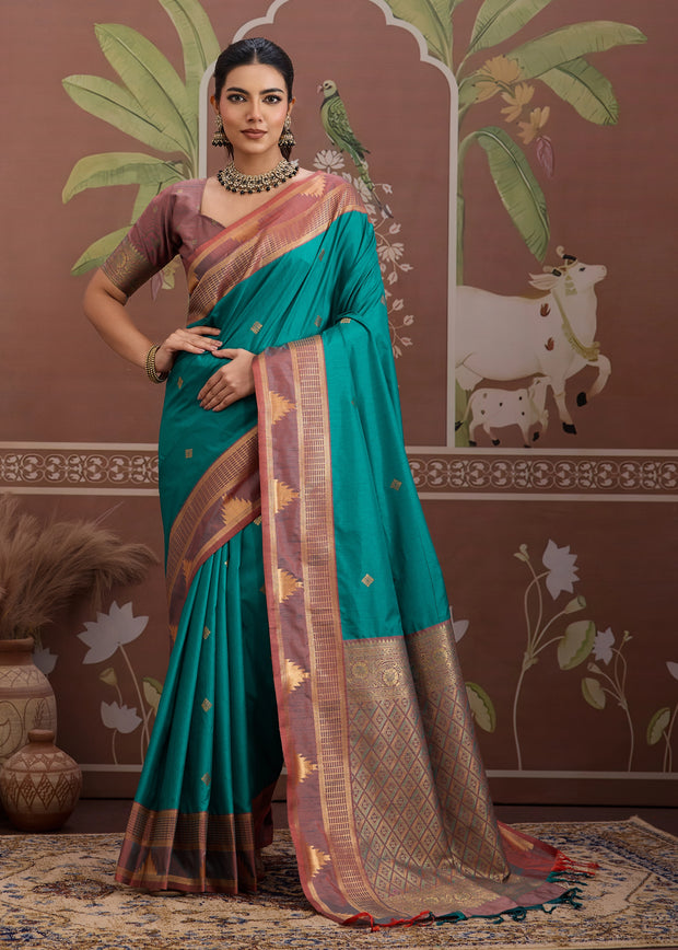 Sea Blue Woven Tussar Silk Saree