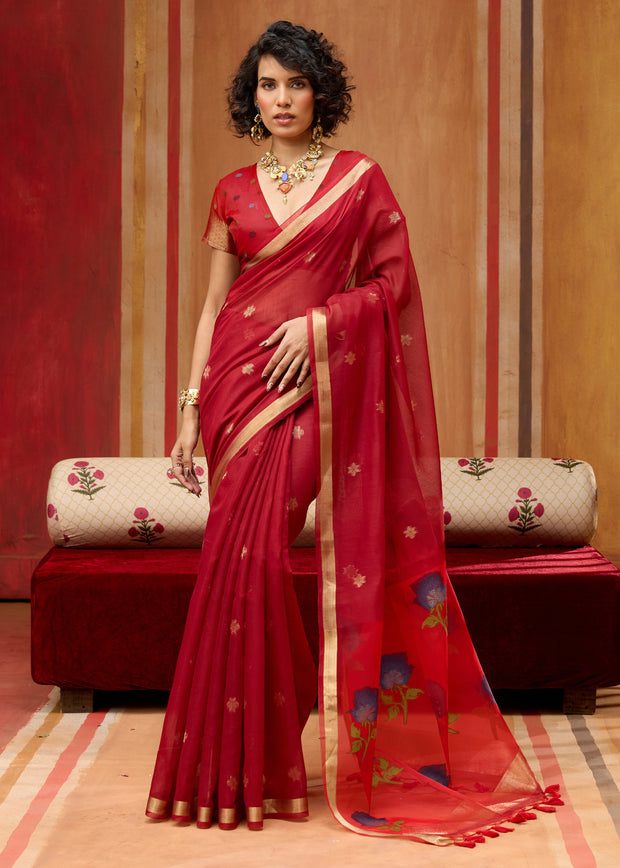 Cherry red cotton organza saree with sheer woven body and vibrant colour