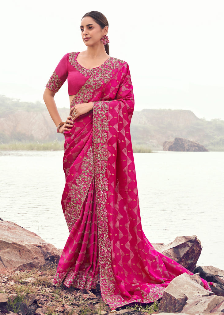 Rani Pink Woven Embroidered Satin Silk Saree