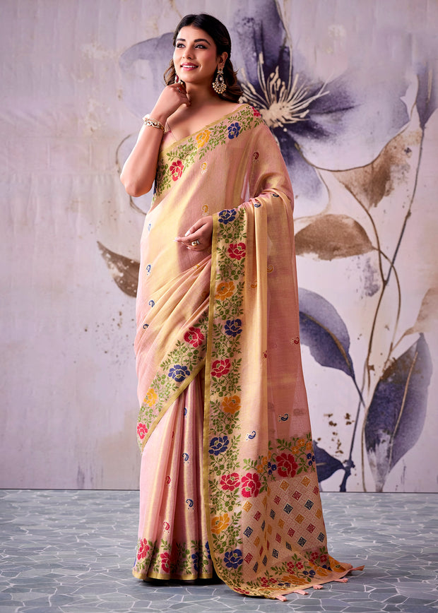 Rose Pink Woven Tissue Silk Saree