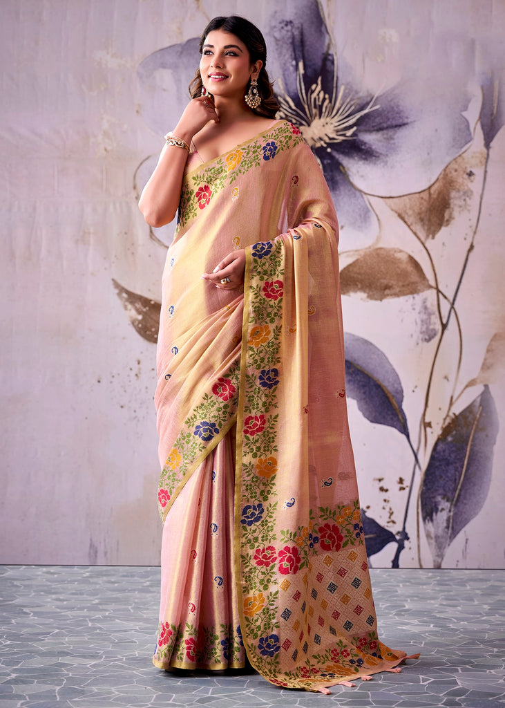 Rose Pink Woven Tissue Silk Saree