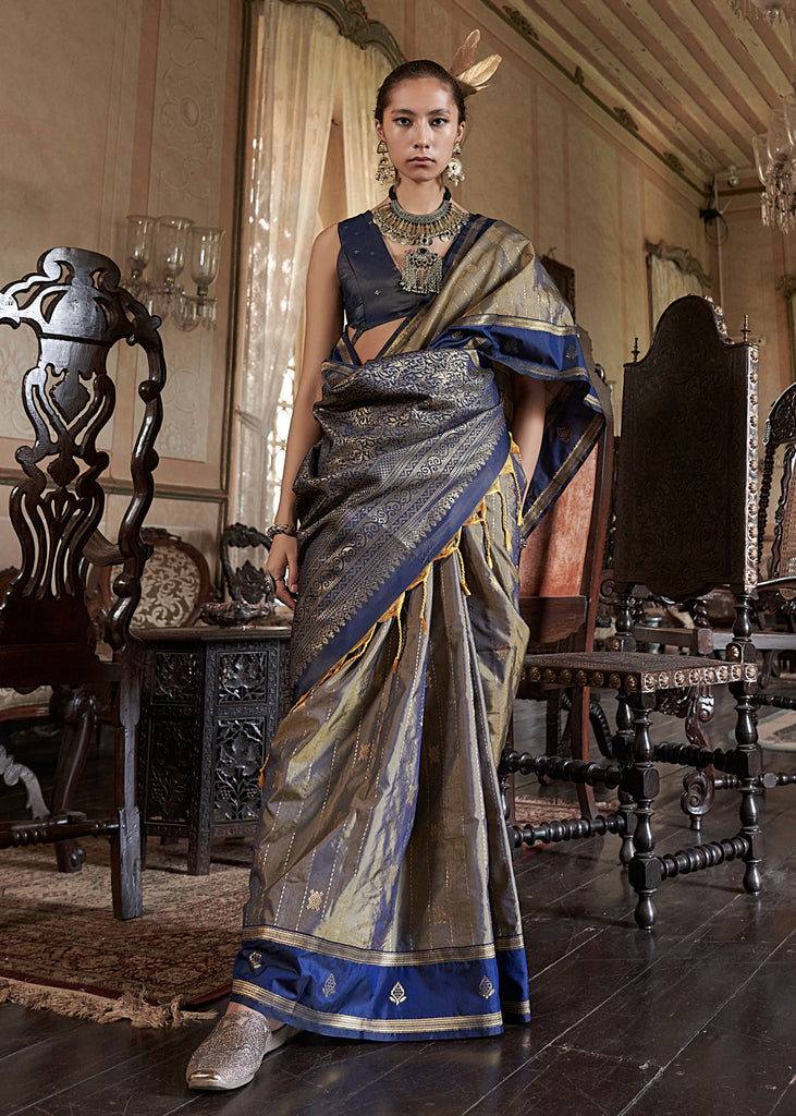 Slate Grey Banarasi Tussar Silk Saree