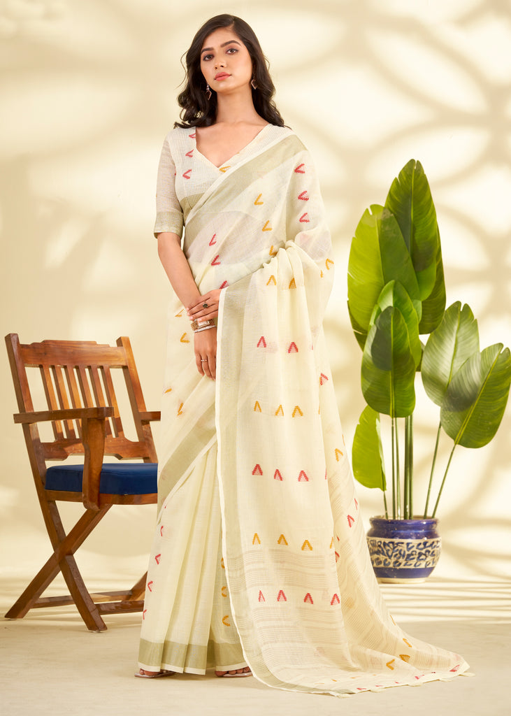 Off White Woven Linen Silk Saree