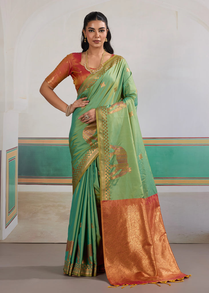 Grass Green Woven Silk Saree With Contrast Blouse