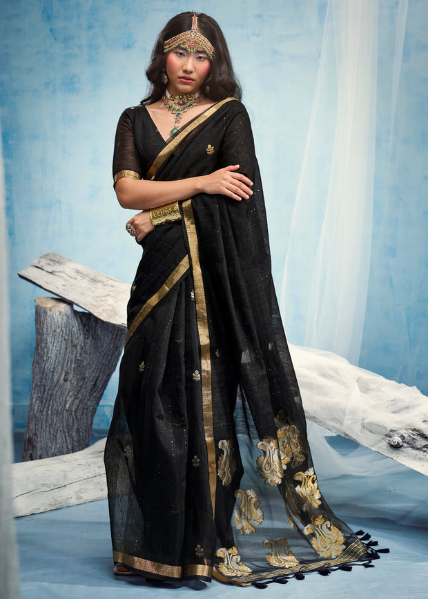 Pirate Black Woven Cotton Silk Saree
