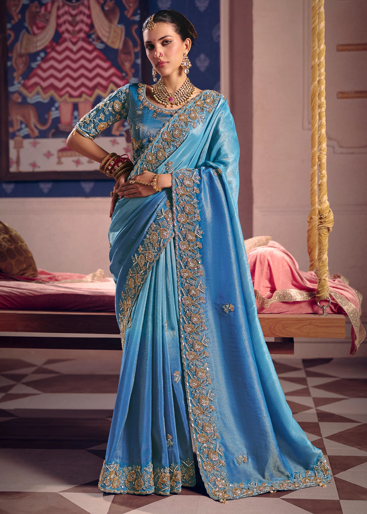 Sky Blue Embroidered Tissue Designer Saree