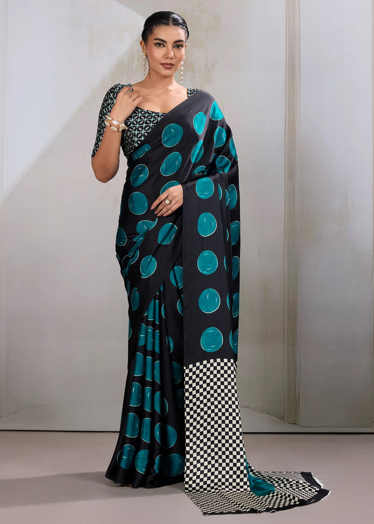 Teal Blue Printed Satin Silk Saree