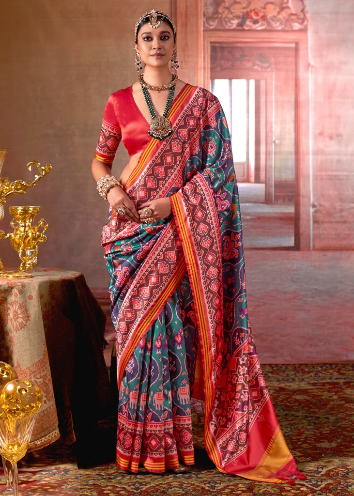 Teal Blue Printed Patola Silk Saree