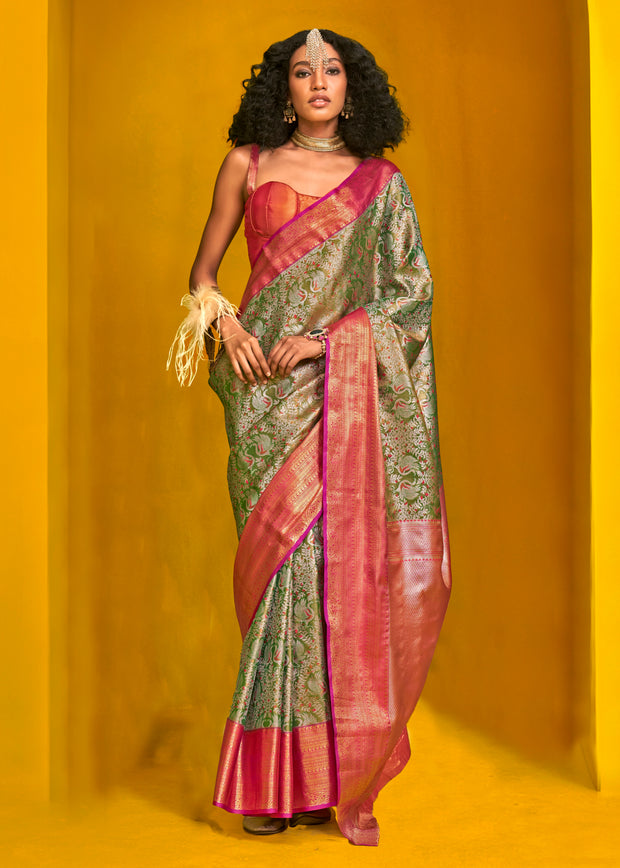 Olive green dual tone Kanjivaram silk saree with earthy two-tone woven effect