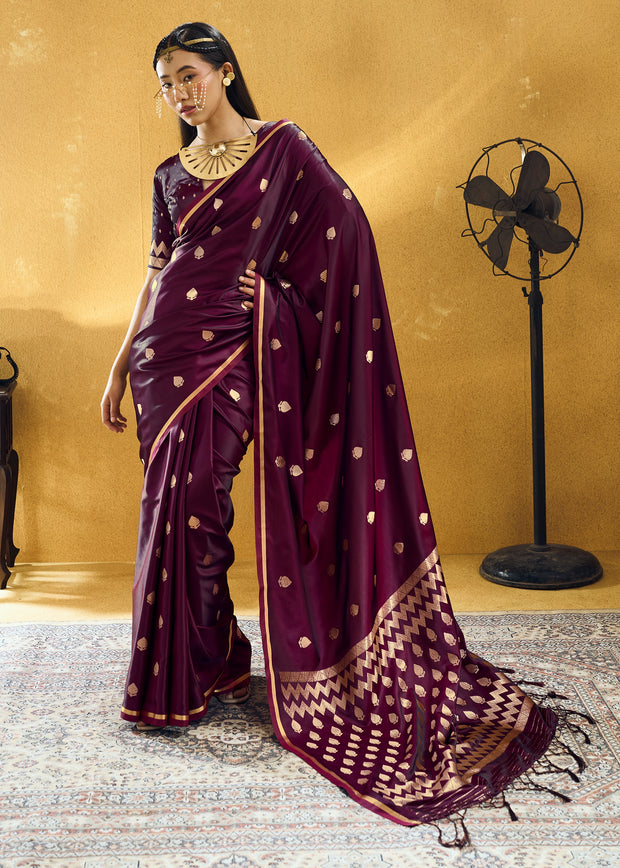 Wine Purple Woven Banarasi Satin Silk Saree