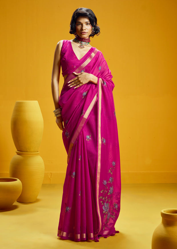 Fuchsia Pink Woven Munga Cotton Silk Saree