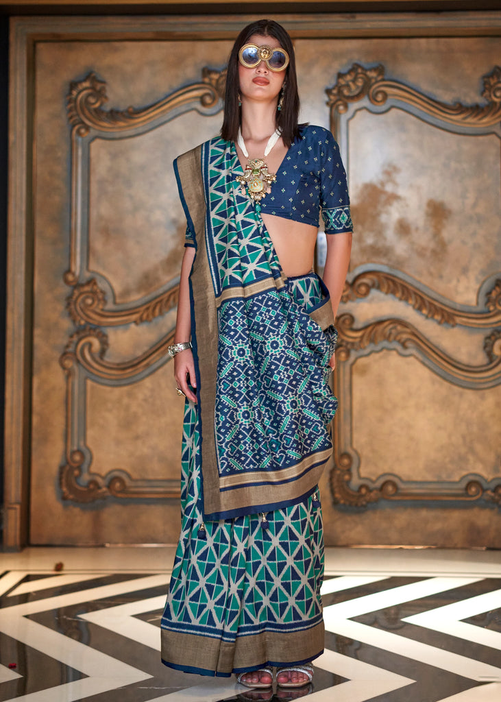 Coral Blue Printed Patola Silk Saree