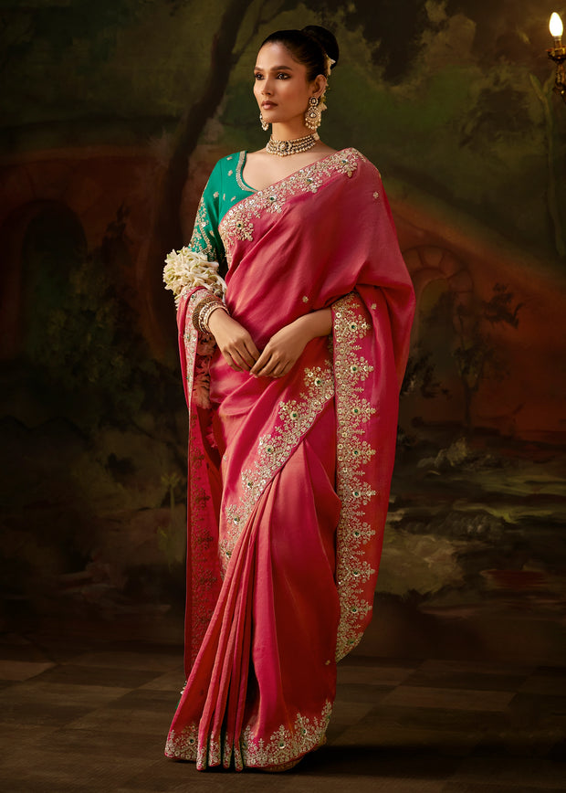 Rani Pink Embroidered Tissue Saree