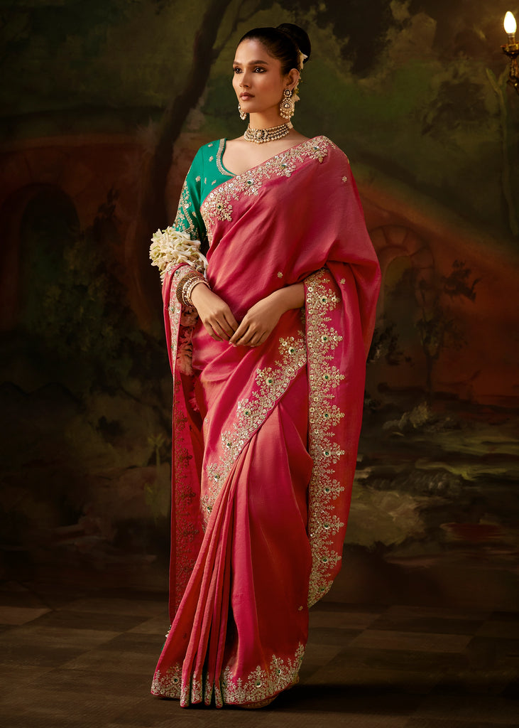Rani Pink Embroidered Tissue Saree
