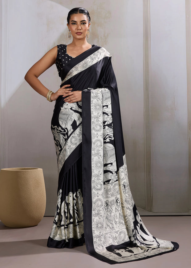 Deep Black Printed Satin Silk Saree
