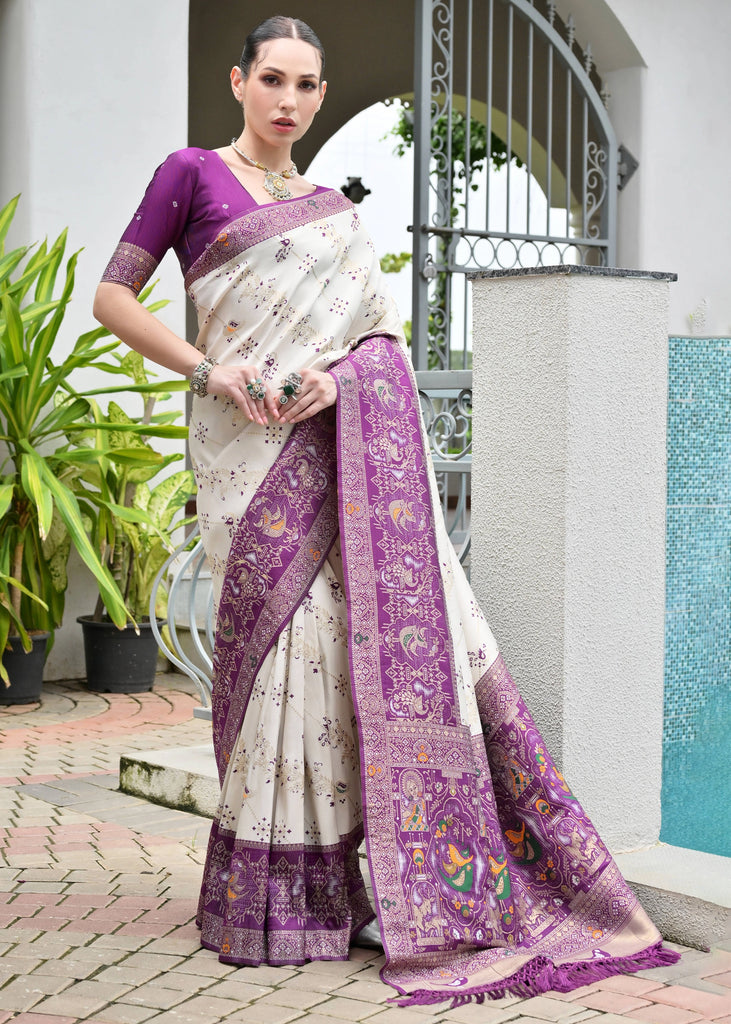 White & Purple Woven Banarasi Patola Silk Saree