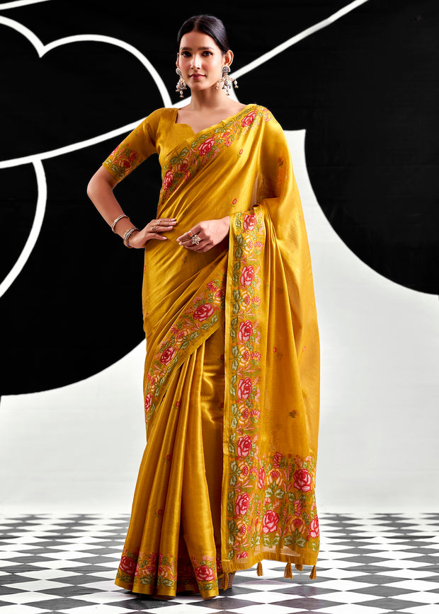 Golden Yellow Woven Tissue Silk Saree
