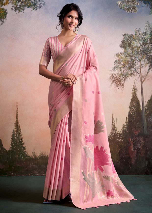 Blush Pink Woven Linen Cotton Silk Saree