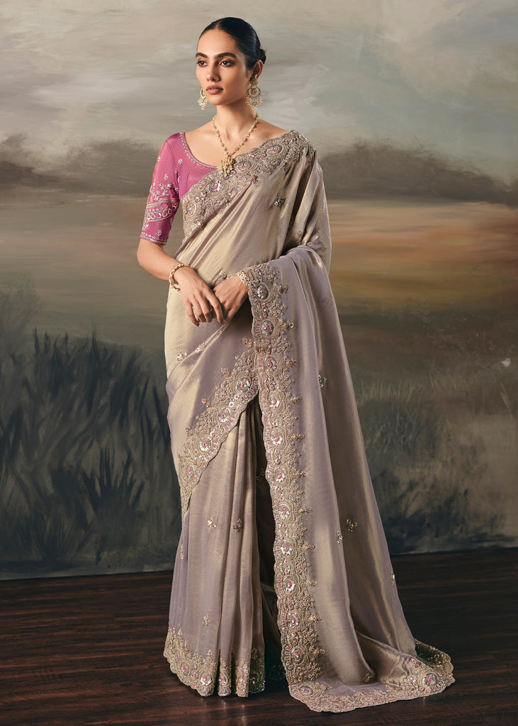 Mauve Tissue Embroidered Wedding Wear Saree