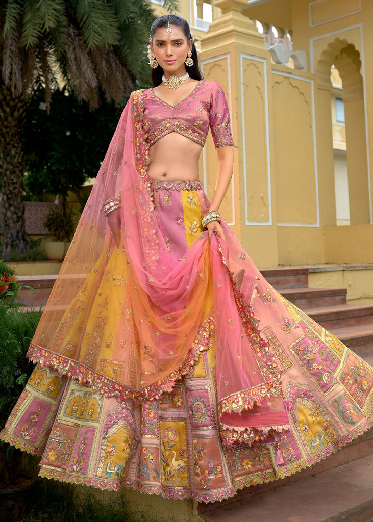 Golden Yellow Pink Embroidered Lehenga