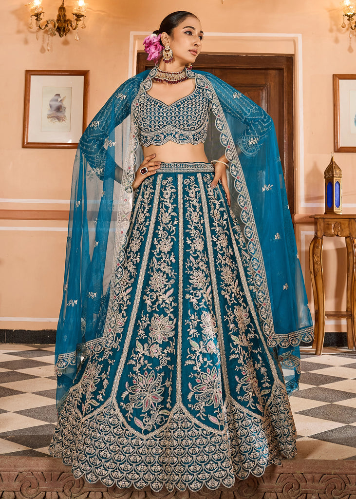 Persian Blue Embroidered Net Lehenga